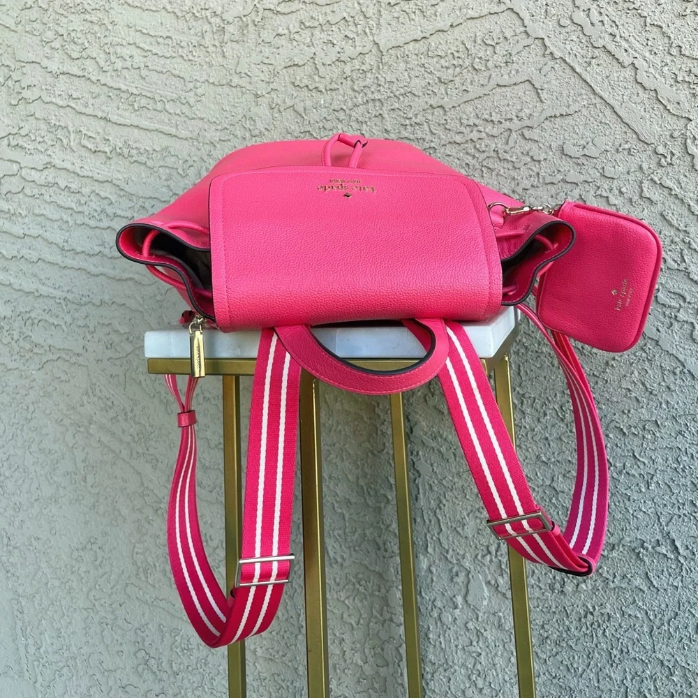 KATE SPADE Pink Leather Rosie Medium Flap Backpack w Keychain Pouch Stripe Strap